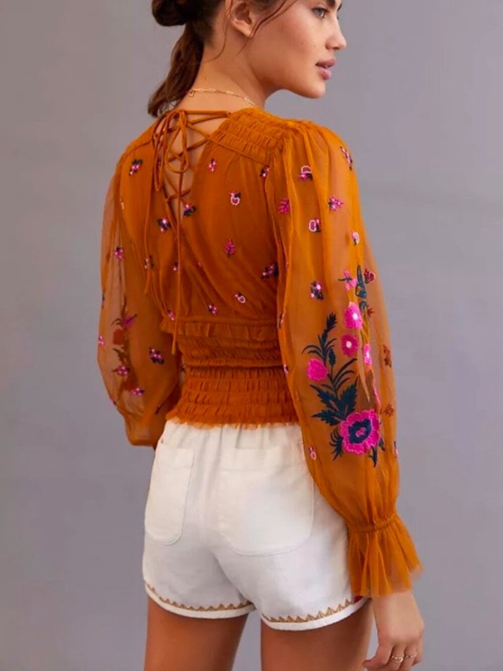 Anthropologie Yellow Embroidered Smocked Tulle Blouse